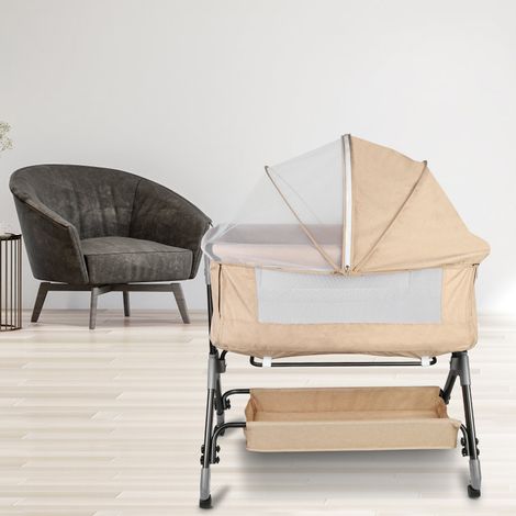 Cuna colecho plegable, lateral abatible, altura ajustable, ventana de malla, cesta de almacenamiento con ruedas - Beige