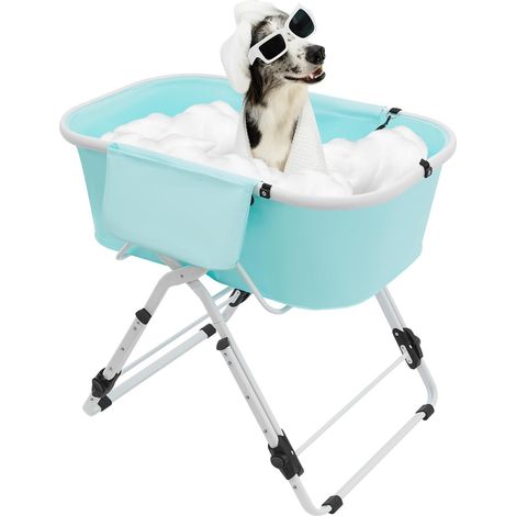 Baignoire pliable pour chien - Baignoire surélevée portable pour animaux de compagnie - Hauteur réglable avec bonde - Pour chiens et chats de petite à moyenne taille (bleu) (1/5)