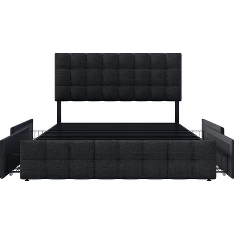 Letto matrimoniale imbottito con 4 cassetti 140x200 cm testiera regolabile lino nero HOMVRA (1/5)