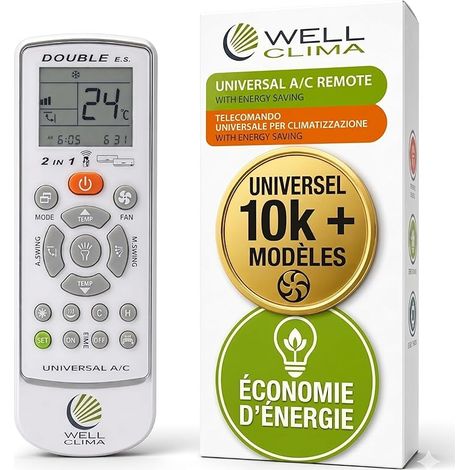Double E.S – Télécommande Universelle pour Climatiseur et Air Conditionné Compatible avec 500+ Marques, Limite de Température, Support  , Emballage Écologique (1/5)