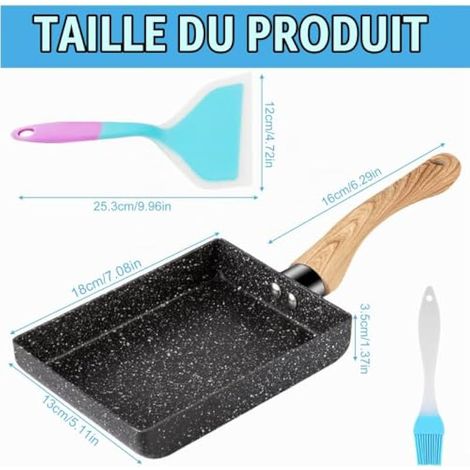 Tamagoyaki Poêle antiadhésive rectangulaire japonaise, compatible tous types de feux, four et lave-vaisselle, avec pinceau huile, spatule silicone (18 x 13 cm) (1/3)