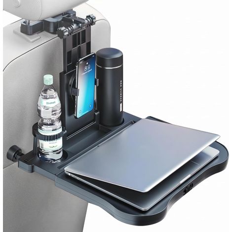 Tablette de voyage universelle JeiibrZui pour siège arrière de voiture - Tablette d'appui-tête réglable avec support - Comprend des gobelets et un support pour téléphone - Noir (1/5)