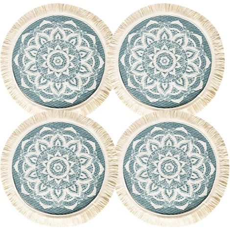 Set mit 4 runden Tischsets im Bohemian-Stil aus gewebter Baumwolle für warme Speisen und Getränke, 13 Zoll, waschbar, mit Mandala-Muster und Quasten, für den Esstisch und als Wohnaccessoire (1/4)