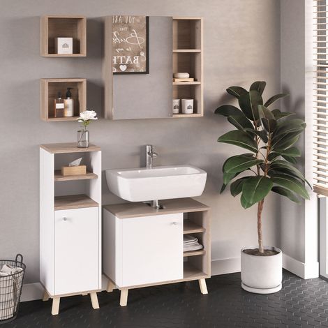 Set mobili bagno Senyo, Bianco, 4 parti, con armadio midi, Vicco