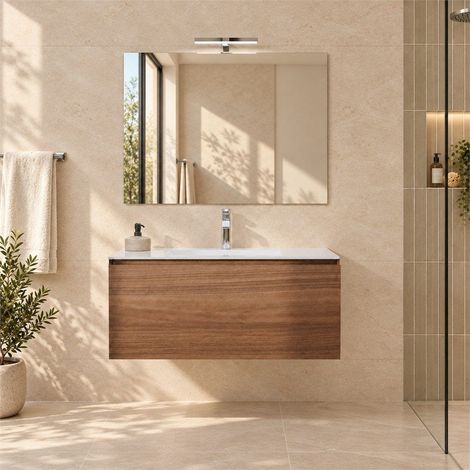Meuble De Salle De Bain Suspendu Caracalla 90 Cm Avec Tiroir, Lavabo, Miroir Et Lampe Berlin (1/5)