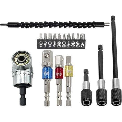 Le kit de rallonge flexible pour foret comprend une rallonge flexible pour foret à 105°, trois adaptateurs de douille universels pour forets de 1/4 pouce, 3/8 pouce et 1/2 pouce, et trois mandrins de