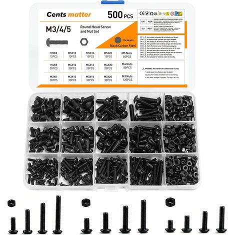 500 Pièces Vis Boulons et écrous, M3/M4/M5 Vis à Six Pans Creux, Vis Bouton avec écrou à Tête Hexagonale Assortiment Kit - Noir (1/5)