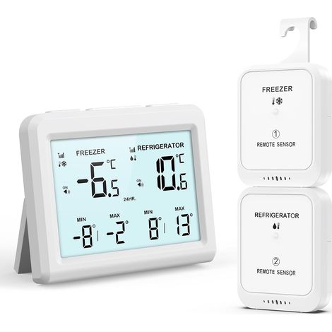 Digital Fridge Freezer Thermometer - 2 Sensors Wireless Alarm, LCD Display, ℃/℉, Min/Max, 2 Mounting Options for Home (1/5)