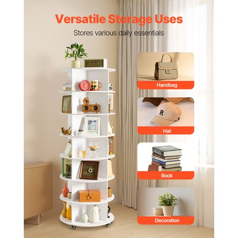 VEVOR 7 Tiers Rotating Shoe Rack Tower with Wheels, Movable 360° Spinning Carousel Display, Lazy Susan Organizer Closet Shelf for Living Room, Entryway, White (1/4)