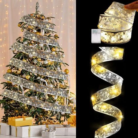 Lumière de Noël à Ruban LED, 5M/16.4ft 50 LED Guirlandes Lumineuses à Ruban Brillant Fonctionnant sur Batterie Ruban Sapin Noël LED pour Décoration de Noël d'intérieur de Fête de Mariage (Argent) (1/5)