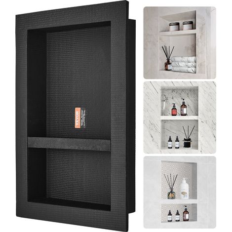 Niche Encastrable Salle de Bain 60,96x40,64x10 cm Niche Douche Murale Double Étagère en Plastique XPS Coins Carrés Protection Scellée Moderne pour Stockage de Savon Douche Salle de Bains, Noir (1/5)