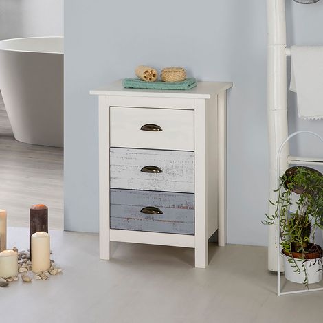Chevet 3 tiroirs 46x35x65 cm en pin blanc, gris et beige - KINDA (1/5)