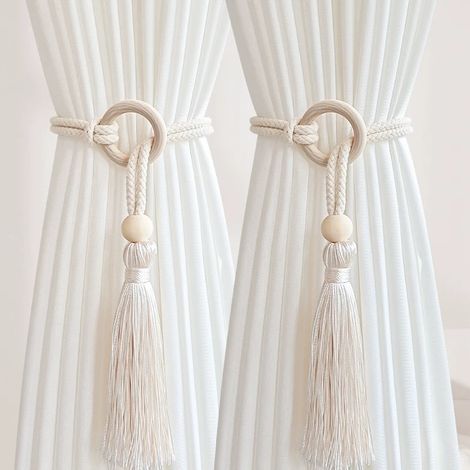 Confezione da 6 fermatende in corda di cotone e perline di legno, non richiedono foratura, fermatende decorativi universali e mobili - Stile 2