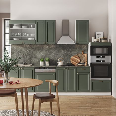 Küchenzeile Fame-Line, Grün-Gold Landhaus/Weiß, 300 cm mit Hochschrank, AP Anthrazit, Vicco