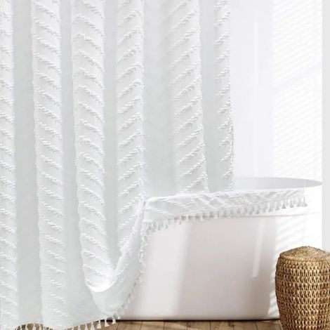 JSSEVN - Cortina de ducha minimalista de tela tejida con textura de rayas en zigzag, estilo rústico moderno, con borlas, para baño, 190 x 240 cm, blanca. (1/4)