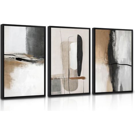 3Pcs Abstrait Beige Marron Couleur Blocs Impression Sur Toile Encadre, Minimaliste Noir Lignes Tableau Decoration Murale Neutre Wabi-sabi Style Peinture Décoration pour Chambre Salon Bureau 40x60cmx3 (1/5)