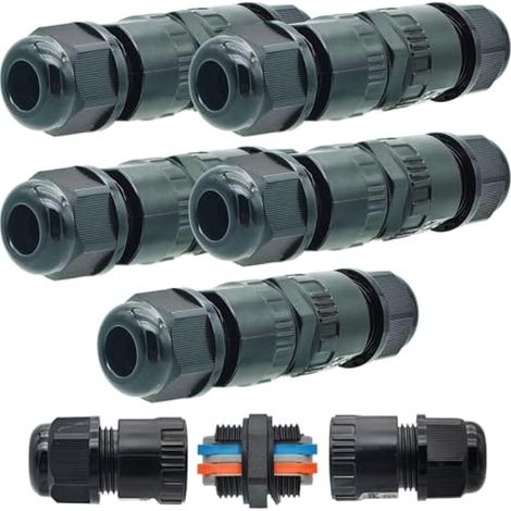 Connecteur Electrique Etanche 2 Pôles IP66, Raccord Electrique Etanche pour Câble Ø 5 à 10mm, Noir (5 Pièces) (1/5)