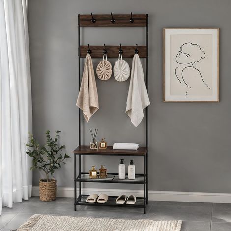 Porte-manteau d'entrée 3-en-1 avec banc et étagères à chaussures (1/5)
