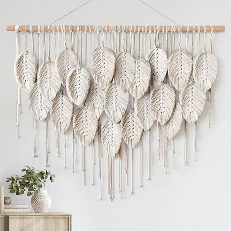 Alfombra de macramé con forma de hoja para colgar en la pared，alfombra grande de borlas tejidas a mano de estilo bohemio chic，apartamento (beige) (1/5)