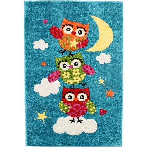 CHOUETTES - Tapis enfant toucher laine doux imprimé chouettes bleu 100x150 (1/4)