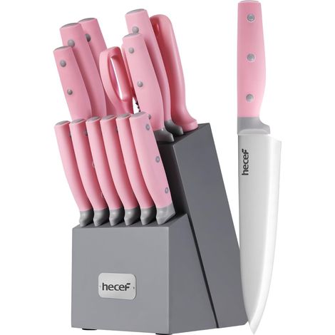 Kitchen Knife, 14 Piece Kitchen Knife Holder, Stainless Steel Kitchen Knife Set with Wooden Block, Chef Knives - More Color Choice (Pink) (1/5)