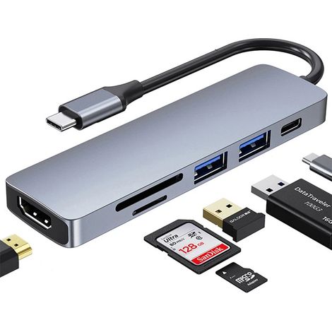Hub USB C, adaptateur multiport 6 en 1 de type C avec HDMI 4K, lecteur de cartes SD/TF, ports USB 3.0 et USB 2.0, (1/5)