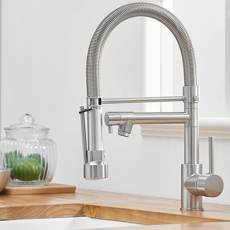 Robinet Cuisine 2 en 1 avec Douchette et Bec Mobile Mitigeur Évier Nickel Brossé Bec Rotatif 360° Pulvérisateur Détachable et Télescopique
