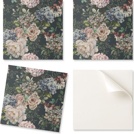 Juego de baldosas de vinilo autoadhesivas con estampado floral sobre fondo de 9x30x30 cm.