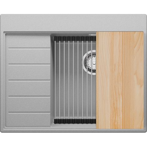 PRIMAGRAN Evier Cuisine en Granit 62x50cm, Lavabo 1 bac + Kit de Vidage + Accessoires, Évier à Encastrer au meuble 45cm - Sydney, Gris (1/5)