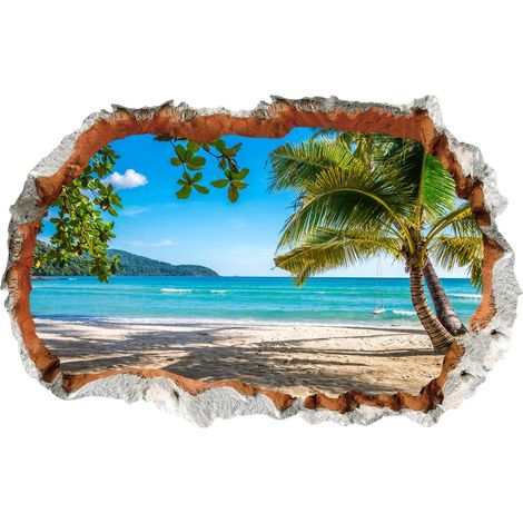 Stickers muraux chambre adulte VUE sur la MER (90x60 cm) Autocollant mural île caraïbes plage océan palmier tropical poster porte (1/5)