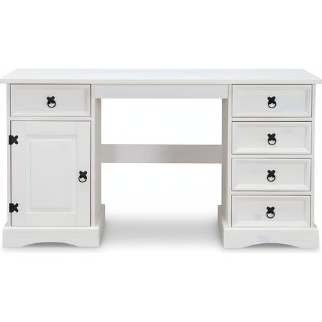 New Mexico Schreibtisch Breite 141 cm, Höhe 76 cm mit 5 Schubladen und 1 Tür weiss/gewachst.