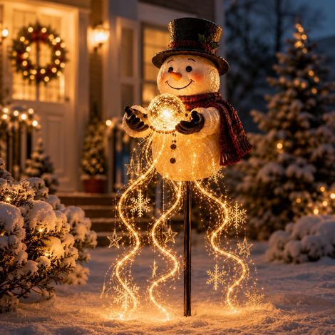 Fontaine magique « Bonhomme de neige » – Décoration de jardin de Noël LED avec effet flocons et étoiles en cascade – Lumière chaude – Hauteur 16 cm (1/5)