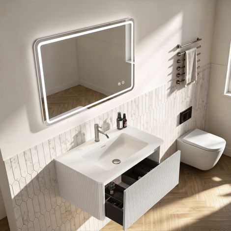 Conjunto de muebles de baño con espejo, mueble de lavabo de 80 cm con armario bajo, premontado, armario a rayas con un cajón, blanco, espejo LED de 60 × 80 cm, sin marco, se puede montar horizontal o  (1/5)