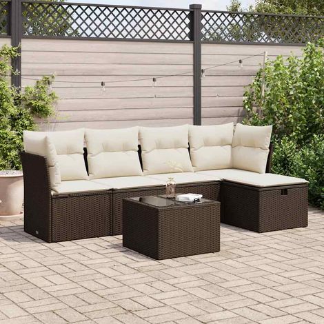 Ensemble de jardin modulaire en résine tressée marron, 6 places, avec 2 fauteuils d'angle, 2 banquettes, 1 pouf-table et 6 coussins crème (1/5)