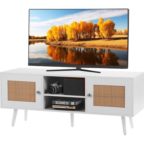 Meuble TV en rotin bohème pour téléviseur 55 pouces, design moderne mi-siècle, console avec étagères ajustables, blanc. (1/5)