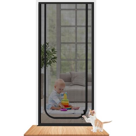 Porte moustiquaire renforcée pour chat avec fermeture éclair, filet anti-insectes et anti-fuite, pour salon cuisine et chambre, noir, 90x220 cm (1/2)
