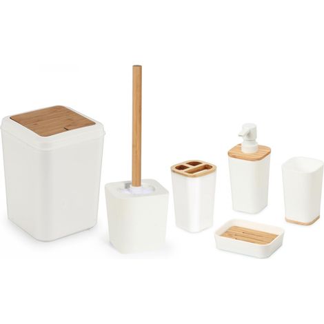 Herzberg, HG04463, Set da bagno 6 pezzi in bambù, design moderno, accessori pratici, ideale per decorazione interna, taglia: standard, colore: crema (1/4)