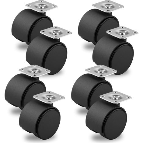 Set 8 Rotelle Pivotanti Ø 30mm Nere Senza Freno per Mobili con Piastra in Acciaio - Realizzate in Plastica Rigida - Senza Freno - Ideali per Sedie da Ufficio o Tavoli Bassi