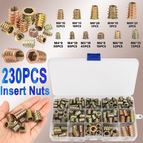 230 Pieces Zinc Alloy Hex Threaded Insert Nuts Threaded Inserts Insert Nuts External Thread for Wood Furniture Nut Tool Kit (1/5)