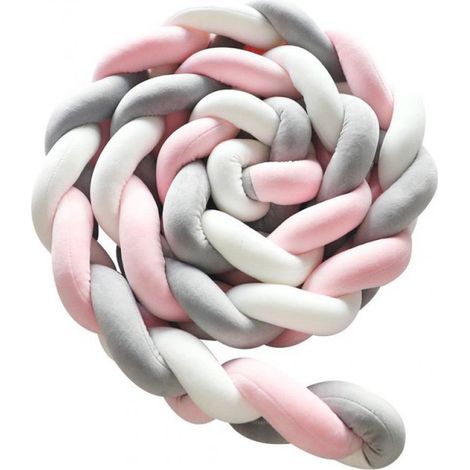 Tour de lit tressé pour bébé, tour de parc, protège-tête, bordure de lit (3 mètres) en gris, blanc et rose (1/5)