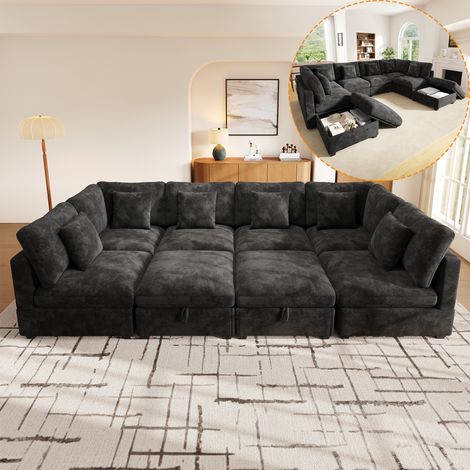 canapé d'angle convertible 8 places,canapé-lit en U XXL,2 repose-pieds coffre mobiles,poches de rangement dans les accoudoirs,6 coussins décoratifs,revêtement en chenille gaufrée,coloris gris (1/5)