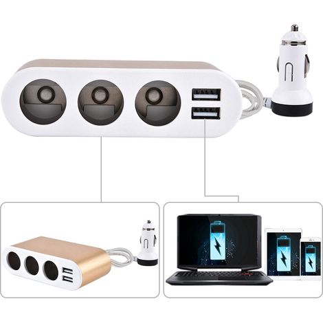 Multiprise Chargeur Auto Prise Allume-Cigare 3 Voies Or 2 Ports USB Recharge Rapide (1/5)