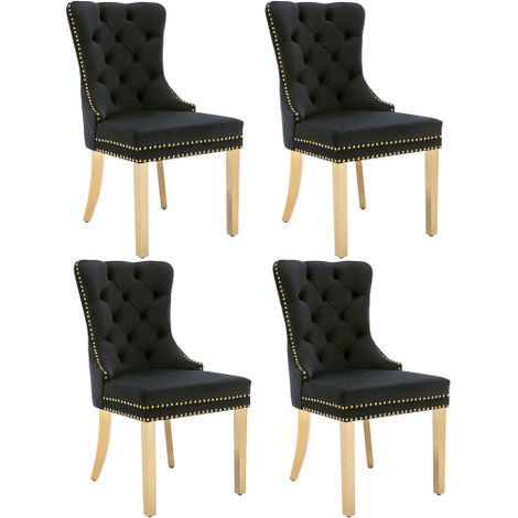 Chaise de salle à manger (Chaise de cuisine ou de salon avec anneaux de tirage ronds uniques au dossier, lot de 4), chaise rembourrée avec finition cloutée, pieds en acier inoxydable plaqué or, velour