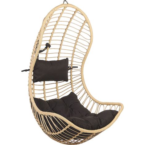 Fauteuil Suspendu Design en Résine Tressée Beige avec Coussin Noir Assorti Idéal pour Salon ou Terrasse au Style Boho et Moderne Beliani