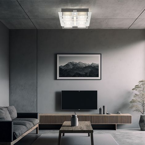 Plafonnier LED 4 spots plafonnier salon moderne, verre chromé, LED 18W 1260Lm blanc chaud, LxPxH 24x24x7 cm