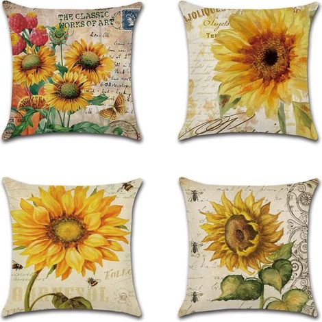 Fodera per cuscino 45 x 45 cm con motivo fiori, uccelli, animali e piante, impermeabile, per divano, soggiorno, camera da letto, decorazione per la casa, 4 pezzi (Girasole) (1/5)