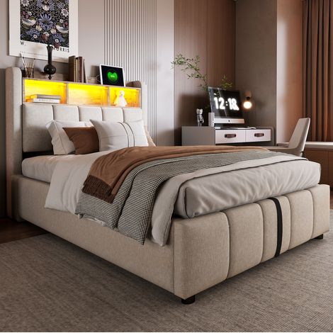 Letto contenitore 90x200 in tessuto con LED, USB e Type-C, testiera con ripiani, beige DESVIAE (1/5)