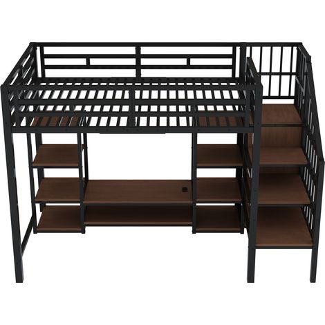 Cama alta 90x200 cm con soporte TV, enchufe y escalera de seguridad, negro (1/5)