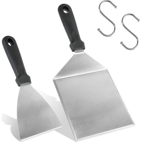 Lot de 2 Spatules pour barbecue, Acier inoxydable, Poignée ergonomique, Crochets inclus, Pour gaz et Teppanyaki