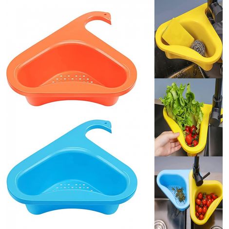 Passoire d'évier, ensemble de deux paniers passoires en plastique, adaptés aux fruits, légumes et restes, disponibles en orange et bleu. (1/4)